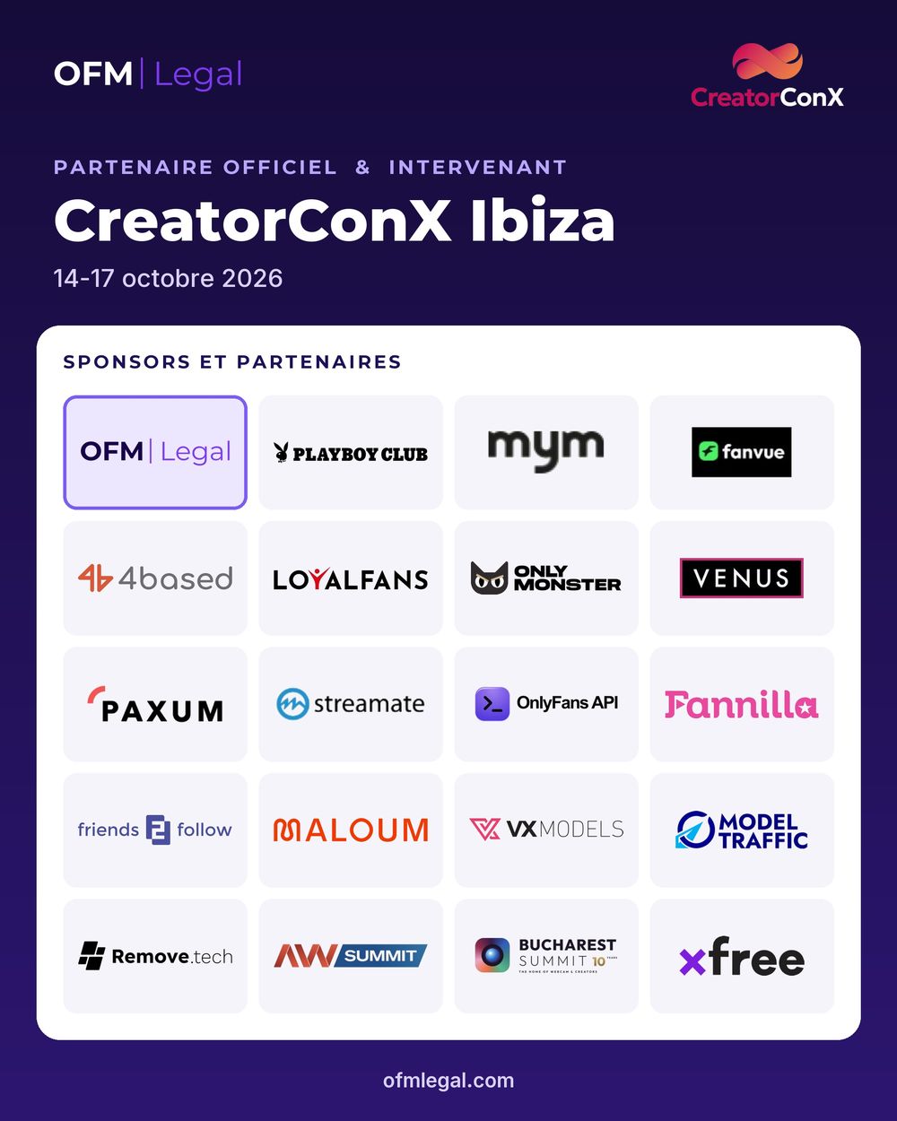 Les sponsors et partenaires officiels de CreatorConX Ibiza 2026, parmi lesquels OFM Legal